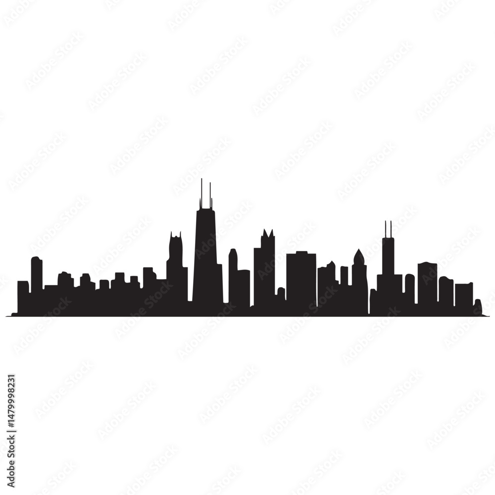 Naklejka premium Chicago city skyline horizontal banner. Black and white silhouette of Chicago city, USA. Vector template for your design. Vector black silhouette. with white background