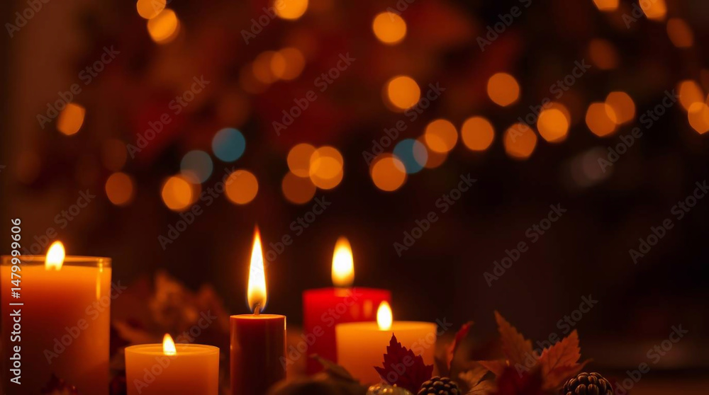 Warm candlelight illuminates an autumnal scene with warm colors. Bright star-shaped bokeh effects create a festive background. Earthy, cozy atmosphere with flickering flames and warm glow.jpg Warm candlelight illuminates an autumnal scene with warm colors. Bright star-shaped bokeh effects create a festive background. Earthy, cozy atmosphere with flickering flames and warm glow.jpg