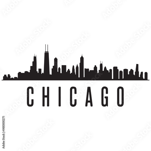 Chicago city skyline horizontal banner. Black and white silhouette of Chicago city, USA. Vector template for your design. Vector black silhouette. with white background