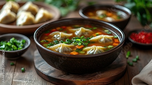 Delicious dumpling soup, wooden table, herbs, food blog