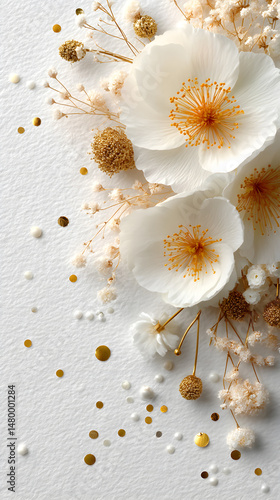 Elegant floral arrangement featuring delicate white flowers, golden accents, and soft textures on a clean background, perfect for decorative purposes and visual storytelling. Selective focus