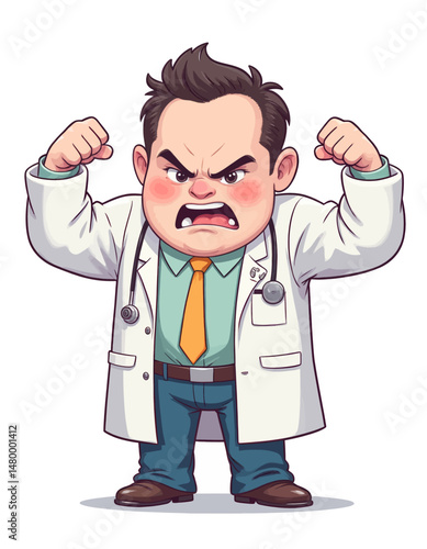 Angry doctor flexing muscles in white lab coat and orange tie