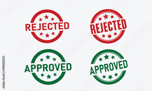 set of stamps. Approved and Rejected Stamps, Official Circular Badge Design, Seals with Ribbon and Stars Illustration, Vector Style on White Background