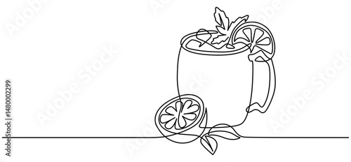 Moscow mule cocktail line drawing. Hand-drawn alcoholic drink line art. Hand drawn vector illustration with editable stroke. Isolated on transparent background.