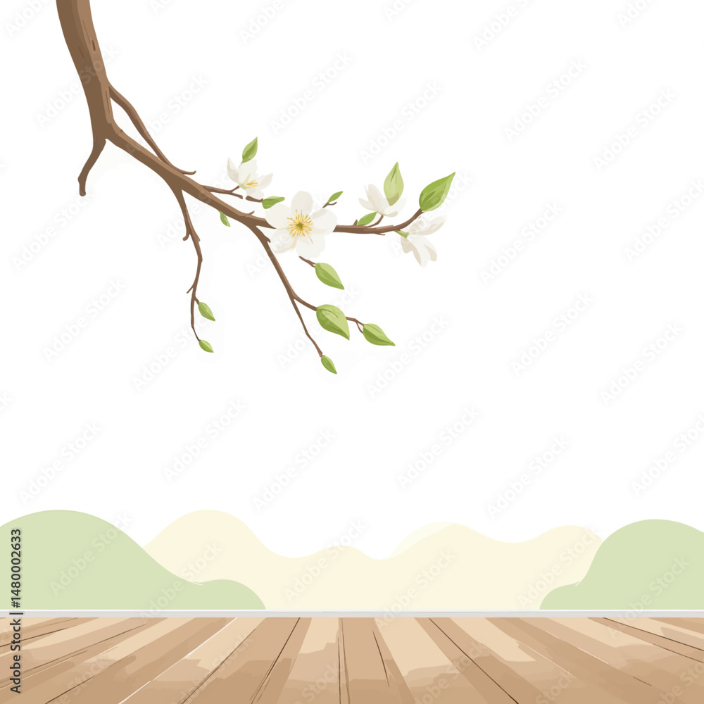 Obraz premium Blossoming Branch Over Wooden Floor with Green Hills