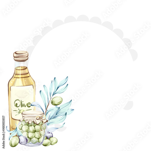 Olive branches and olive oil a watercolor illustration celebrating Italian cuisine and nature frame, border, arrangement