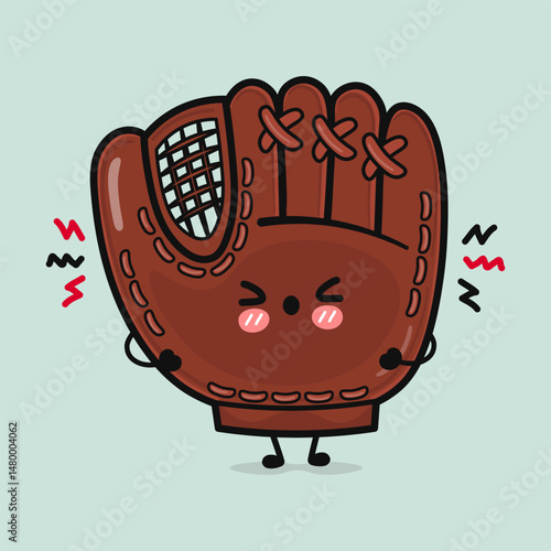 Cute cartoon Baseball Glove character expressing frustration and annoyance on a light blue backdrop.