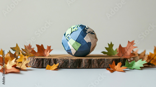A paper origami earth placed on a wood slab with leaves around it, sustainability and creativity blend, neutral background,