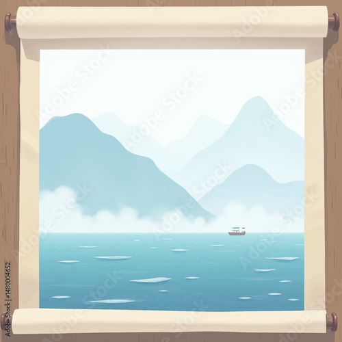Calm Sea Voyage Mountain Landscape Scroll Art