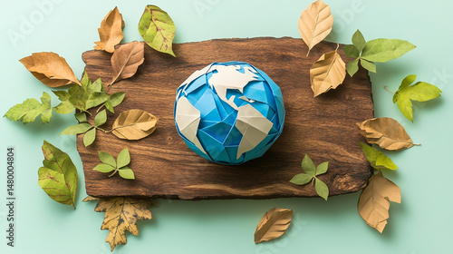 A paper origami earth placed on a wood slab with leaves around it, sustainability and creativity blend, neutral background,