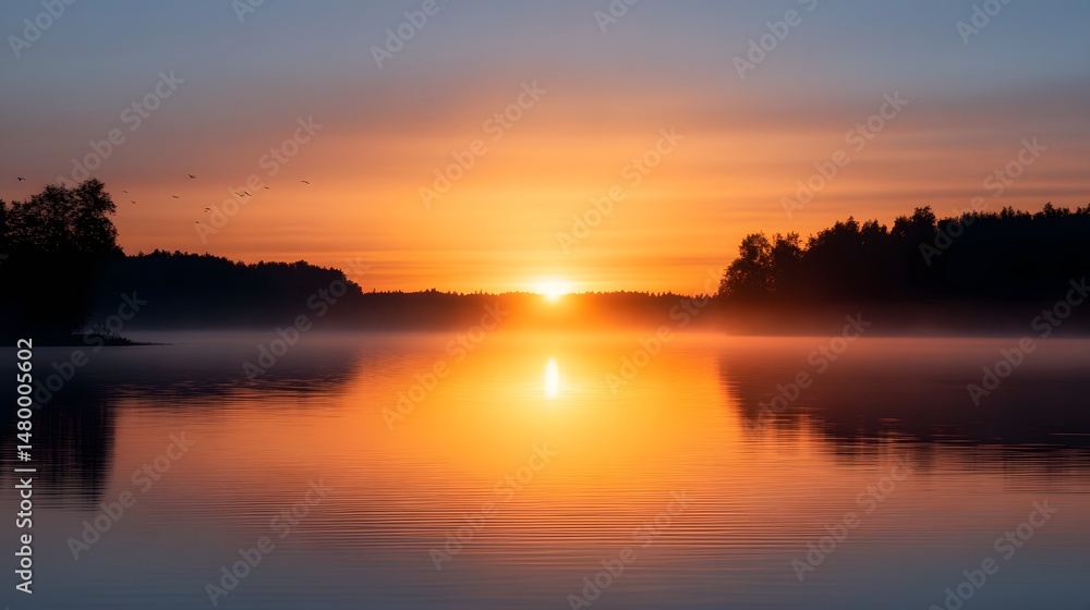 Naklejka premium Tranquil sunrise reflection on a still lake