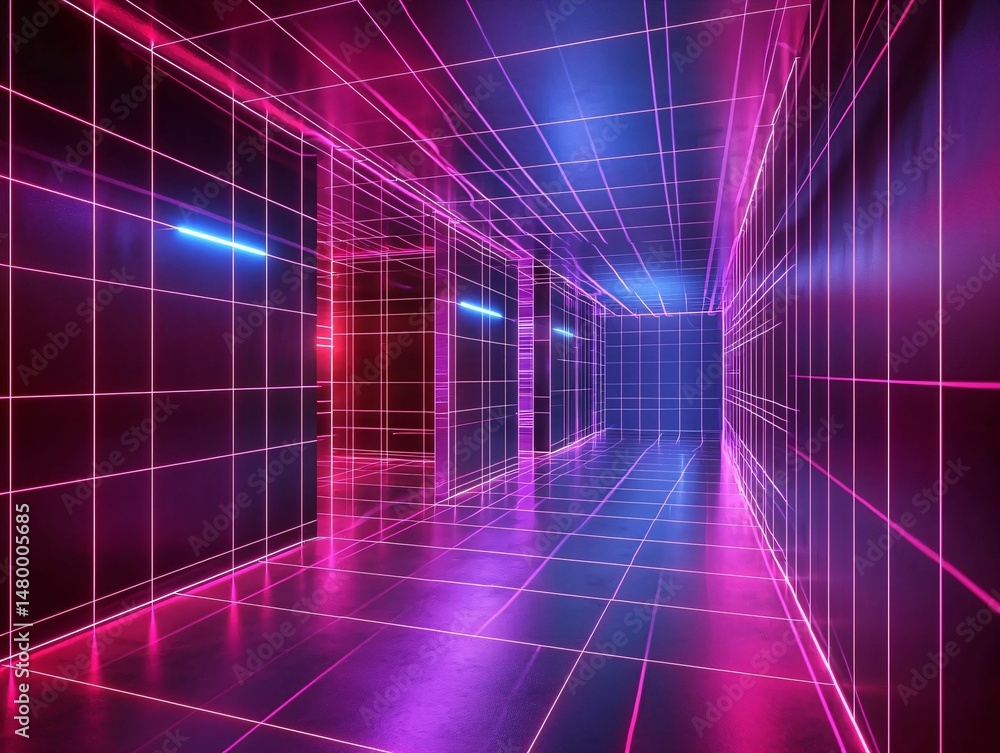 Fototapeta premium Futuristic Neon Corridor with Grid Patterns and Vibrant Colors