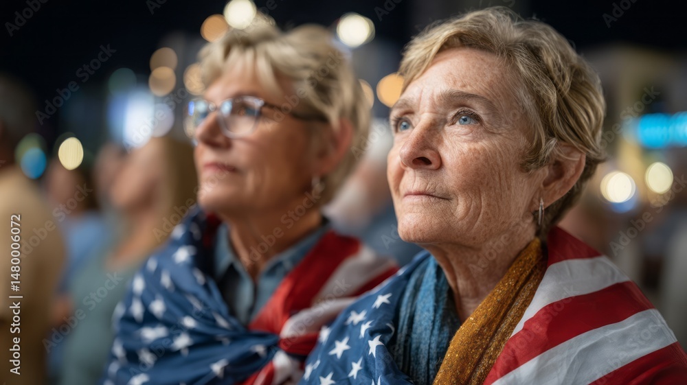 Emotional Connection and Unity among Older Women at Night Event with American Flag Draped Emotional Connection and Unity among Older Women at Night Event with American Flag Draped