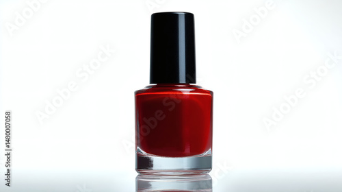 A close-up image of a vibrant red nail polish bottle on a white backdrop, showing perfection.