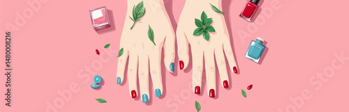 Colorful Nails and Leaves on Pink Background with Nail Polish Bottles