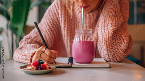A woman in a pink sweater enjoys a berry smoothie while taking notes in a cafe.