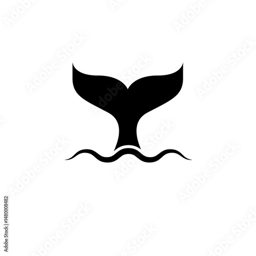 Sperm Whale Tail in Water Wave, Wildlife Solid Flat Vector Icon Isolated on White Background.