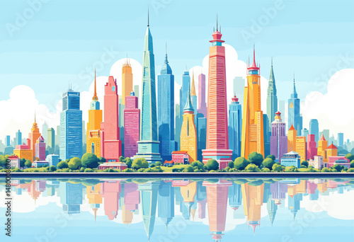 Colorful Skyline Reflection in Serene Water at Daytime