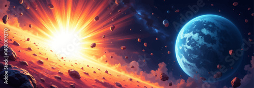 Cosmic Dawn with Blazing Sun and Blue Planet Amidst Asteroids