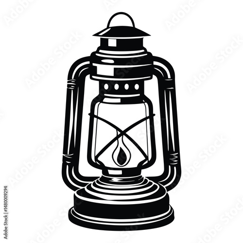 Kerosene lamp on white background, Old Rail Lamp, Vintage Camping Lamp Silhouette Vector