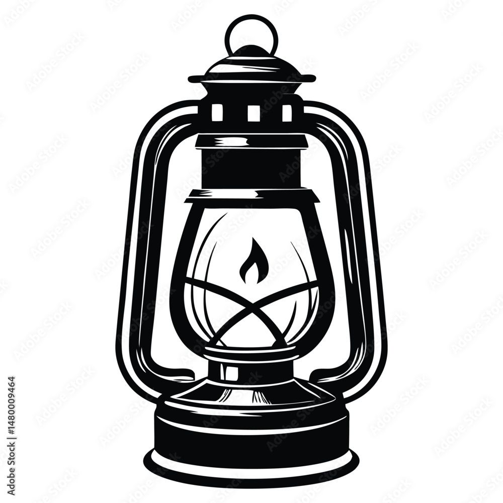 Kerosene lamp on white background, Old Rail Lamp, Vintage Camping Lamp Silhouette Vector Kerosene lamp on white background, Old Rail Lamp, Vintage Camping Lamp Silhouette Vector