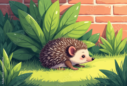Cute Hedgehog in Green Garden Near Brick Wall with Large Leaves