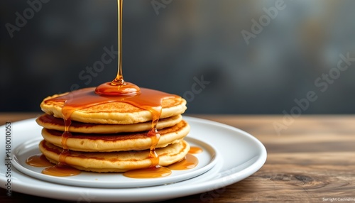 Wallpaper Mural imagine a sumptuous stack of golden pancakes glistening with rich maple syrup, delicately arranged on a pristine plate, the scene is captured from an over the shoulder perspective Torontodigital.ca