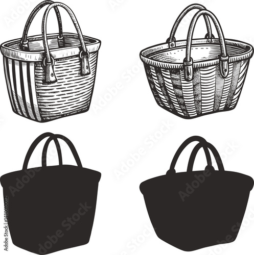 Stylish Hand Drawn Shopping Or Beach Baskets Ink Sketch Black and White Engraving Monochrome Vector Illustration and Silhouette Design