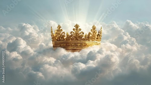Golden royal crown floating in the sky above clouds with sunlight rays shining from behind in heaven scene