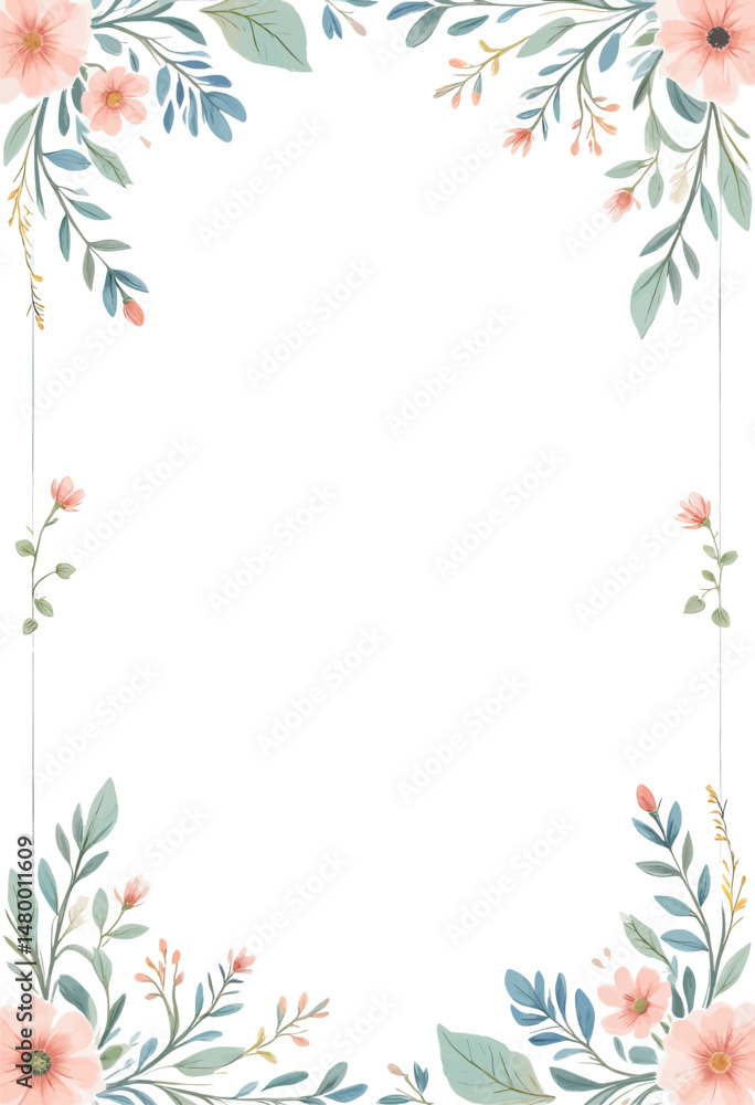 Floral Border Frame with Pink Flowers and Green Leaves Floral Border Frame with Pink Flowers and Green Leaves