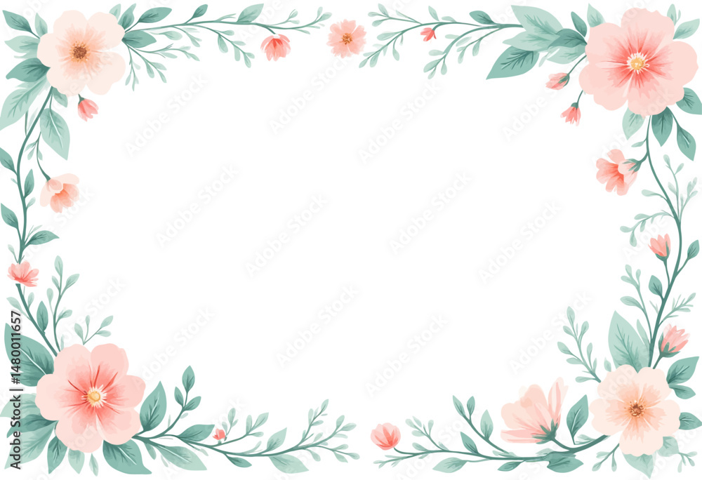 Floral Border with Pink Blooms and Green Leaves in Springtime Serenity Floral Border with Pink Blooms and Green Leaves in Springtime Serenity