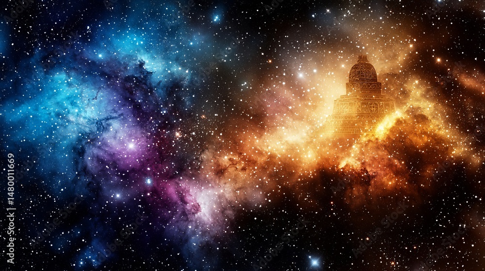 Naklejka premium Space galaxy hidden. A temple floats in a vibrant, colorful galaxy filled with stars and cosmic clouds, blending spirituality with the wonders of outer space.