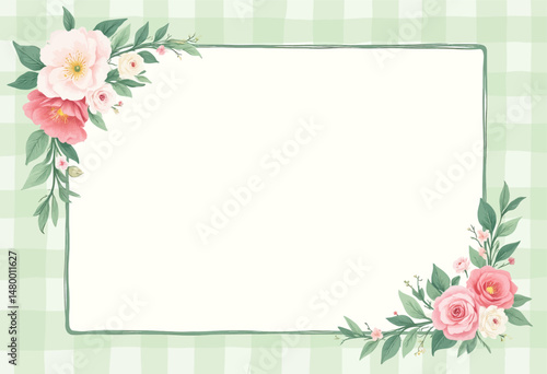Floral Frame Border with Pink Roses on Green Plaid Background