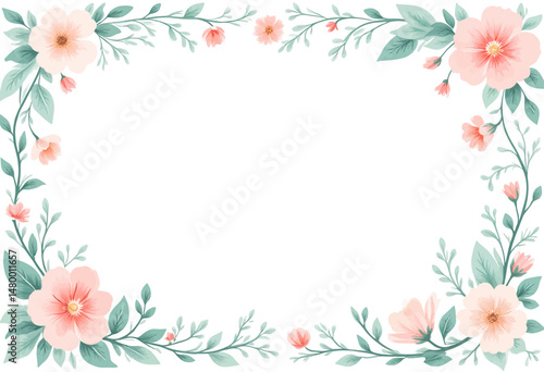 Floral Border with Pink Blooms and Green Leaves in Springtime Serenity