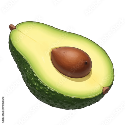 Fresh Avocado Half with Brown Seed on White Background
