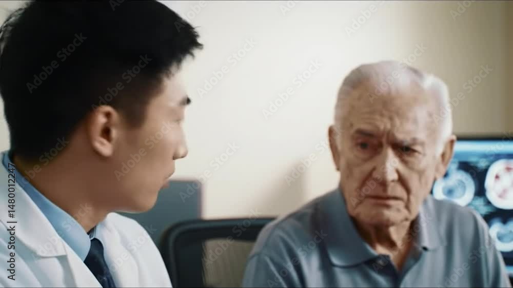 asian male doctor is explaining colonoscopy tumor surgery result to elderly man through computer screen asian male doctor is explaining colonoscopy tumor surgery result to elderly man through computer screen
