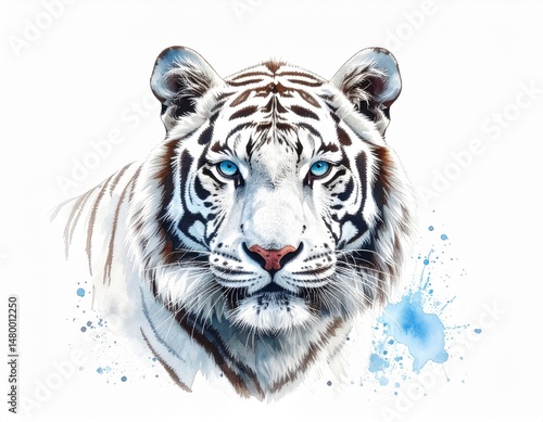 A stunning, watercolor-style portrait of a white tiger with piercing blue eyes and water splashes
