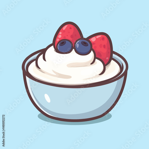 Fresh Yogurt with Berries in Bowl on Blue Background
