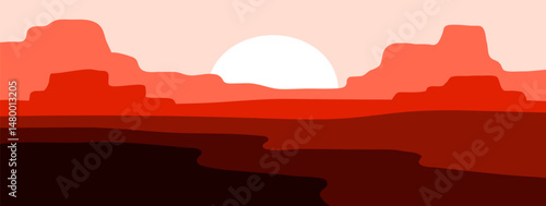 Desert dry terrain and sunset scene cartoon flat design landscape banner background vector.