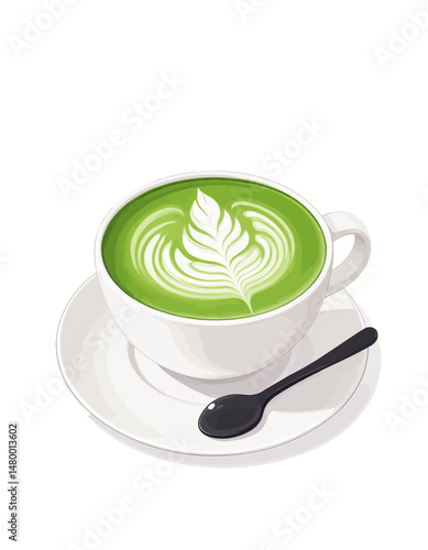 Green Matcha Latte Art in White Cup with Spoon