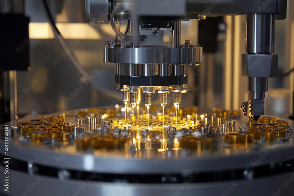 Automated machinery precisely dispensing liquid into numerous tiny receptacles Automated machinery precisely dispensing liquid into numerous tiny receptacles