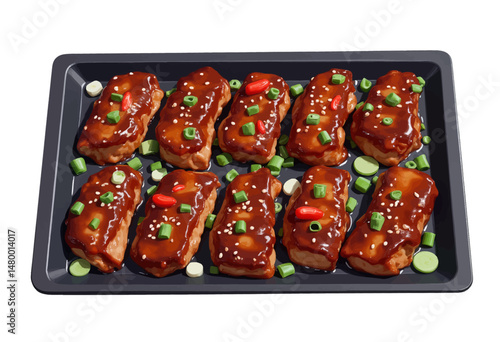 Grilled Teriyaki Salmon on Black Tray with Green Onions and Sesame Seeds