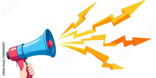 Hand Holding Megaphone Emitting Yellow Lightning Bolts