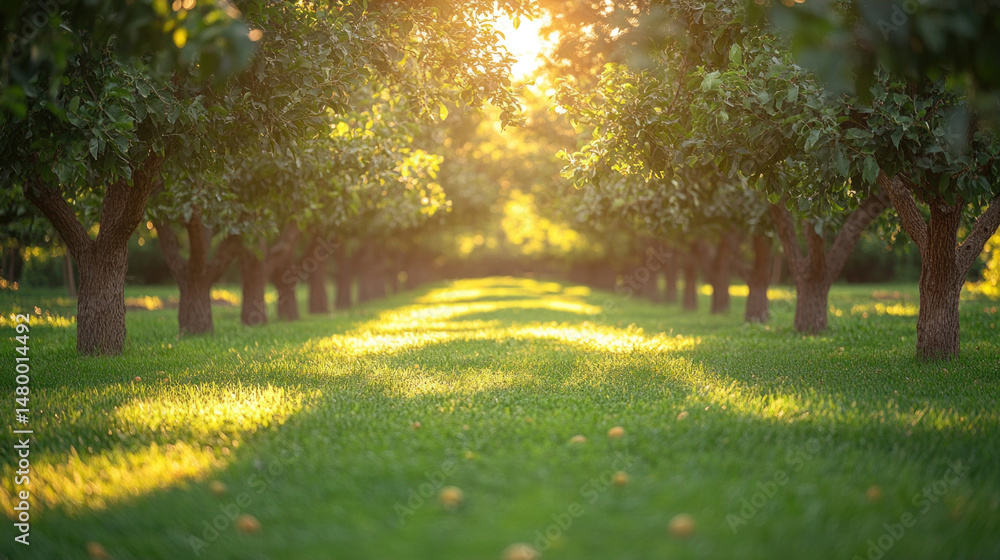 Naklejka premium Chickens free-ranging between crop rows in a regenerative orchard, promoting pest control and fertilization