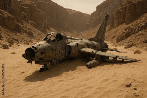 Crashed fighter jet wreckage in a remote desert canyon