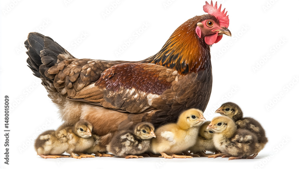 Fototapeta premium Mother Hen with Chicks on White Background