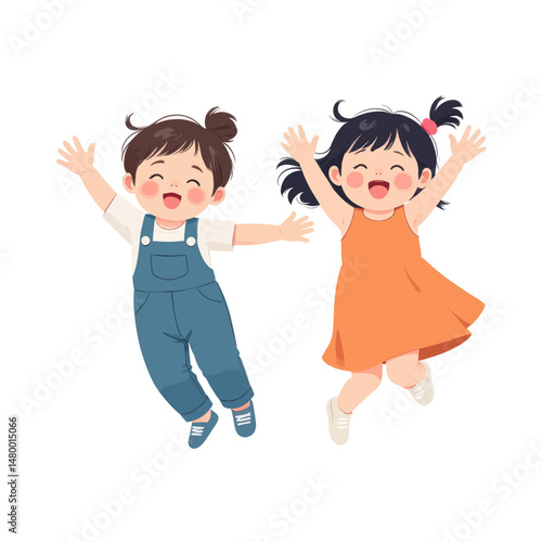 Happy Kids Jumping in Bright Orange and Blue Outfits