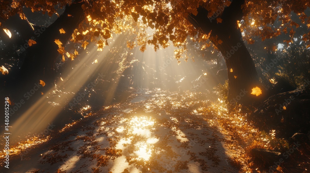 Naklejka premium Autumn forest path sunlight rays