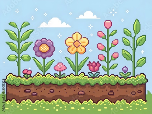 colorful pixel art garden illustration showing plants,flowers
