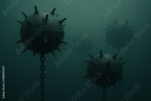 Submerged naval mines, military sea defense system